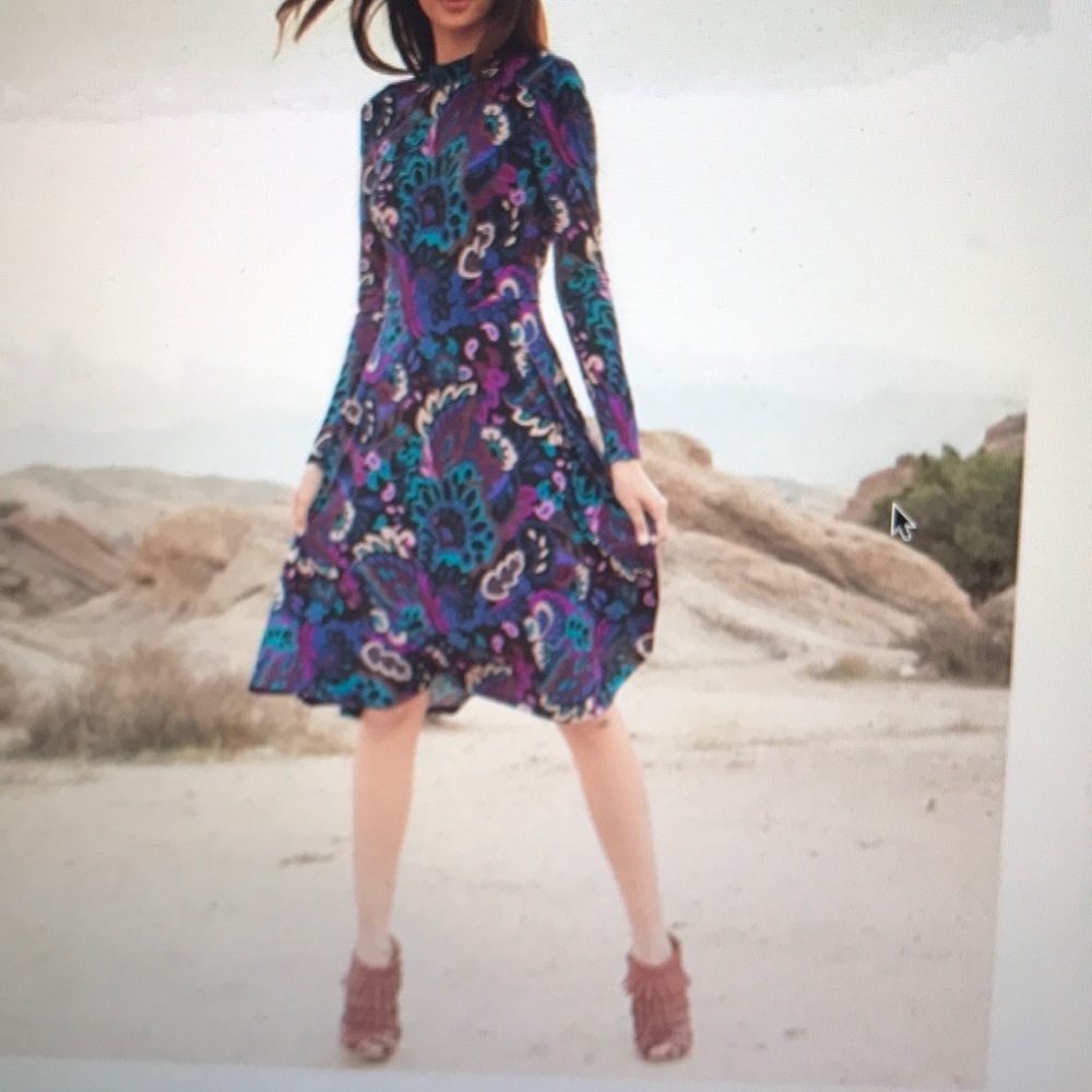 Trina Turk Paisley Long Sleeve Fit and Flare Dress